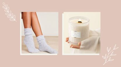 A collage background with a person's feet wearing a pair of heather gray socks on the left and a person holding a candle on the right, for gifts for mom on Amazon.