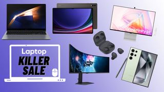 Samsung Galaxy Book Ultra, Galaxy S24 Ultra, Galaxy Tab S9 Ultra, Samsung Odyssey curved monitor, Samsung ViewFinity monitor, and Galaxy Buds against purple gradient background