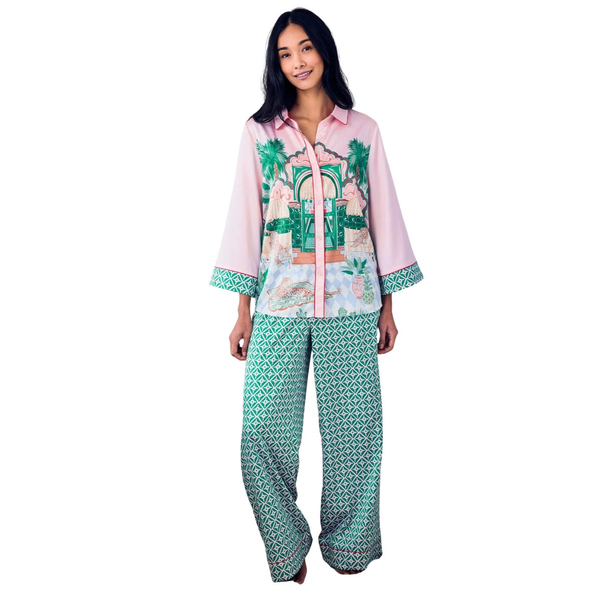 woman wearing Satin The Clubhouse Print Long Pyjama Set