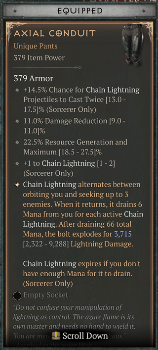 Diablo 4 item tooltip for Axial Conduit sorceress pants