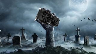 A zombie hand emerging from a grave holding a Gigabyte RTX 2060 graphics card