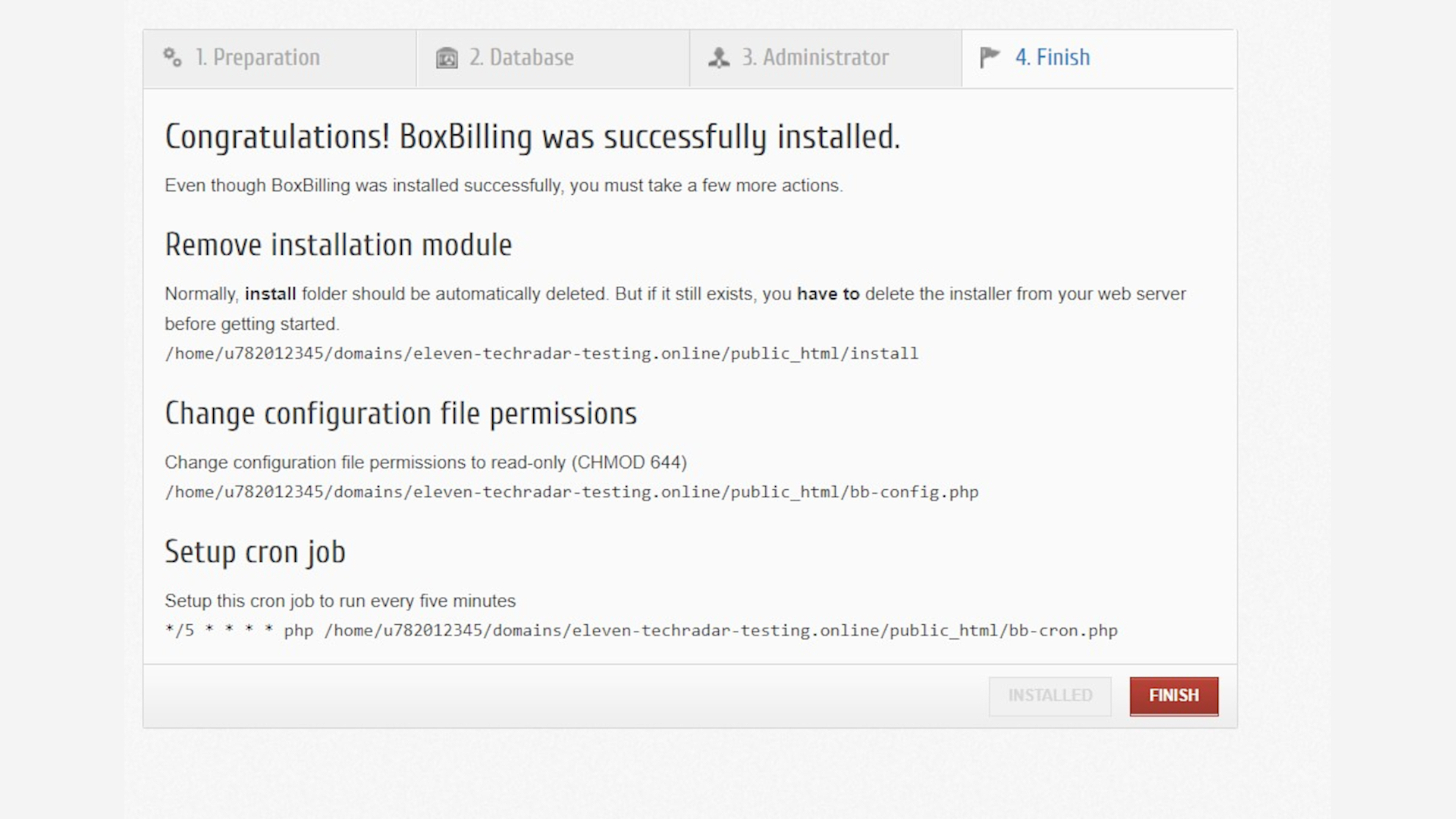 BoxBilling post-install screen