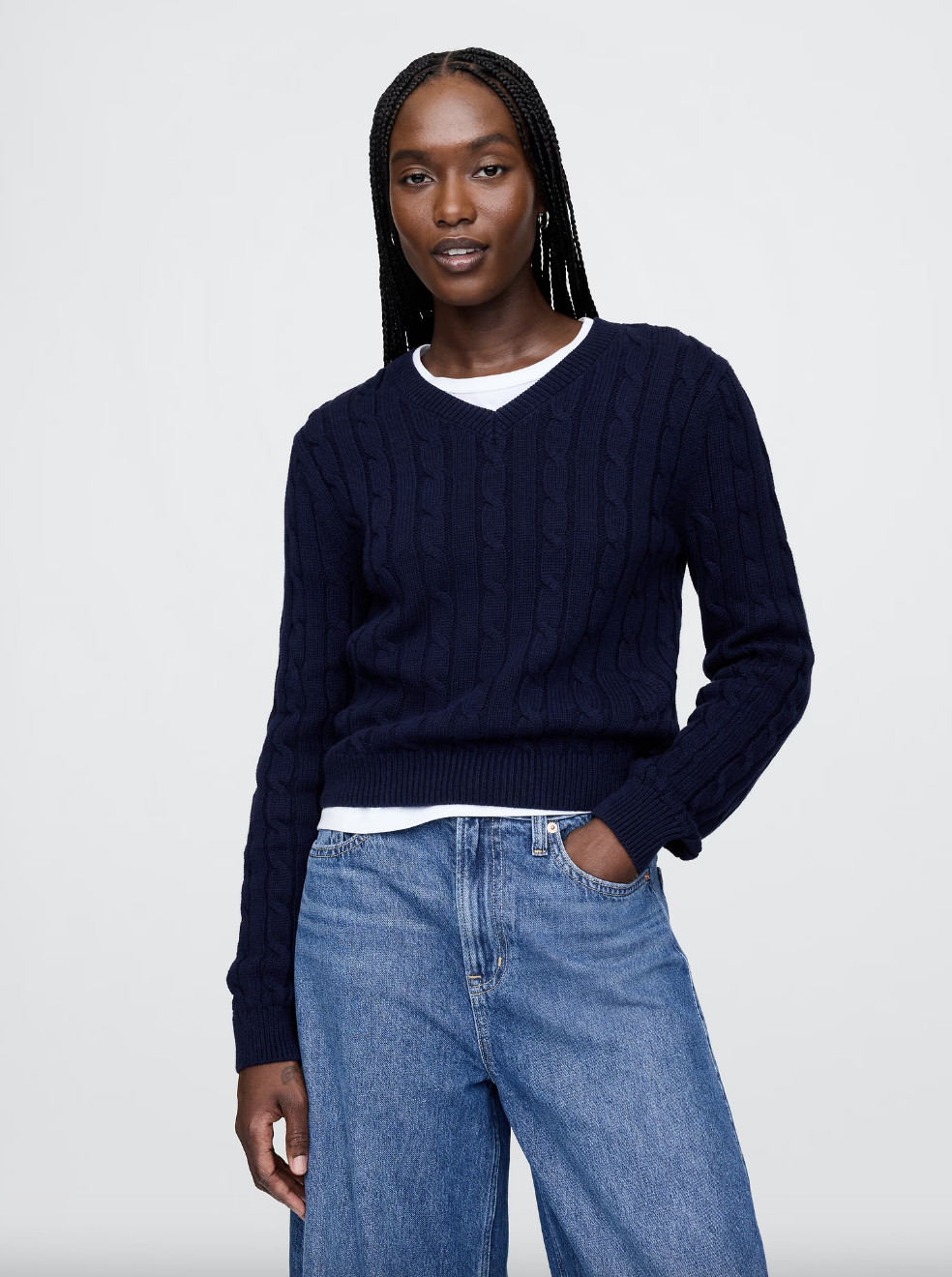 100% Cotton Cable-Knit V-Neck Sweater