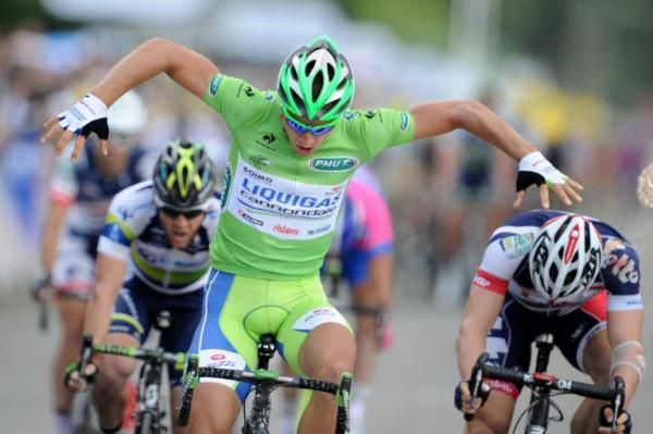 Peter Sagan (Liquigas-Cannondale) adds another victory pose to his finish line ensemble.