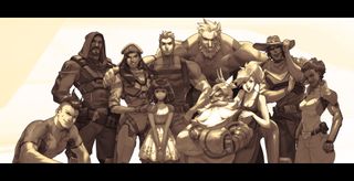 From left to right: Unknown, Reaper, Anna, Pharah, Soldier: 76, Reinhardt, Torbjorn, Mercy, McCree, Unknown.