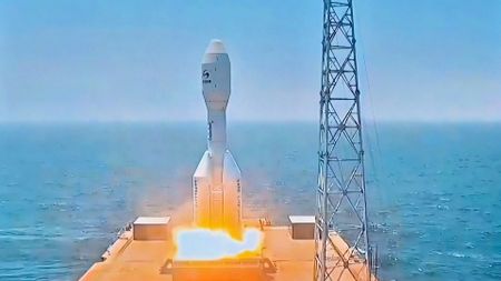 Orienspace's Gravity-1 rocket launches nine satellites to orbit from a ship at sea on July 21, 2026.