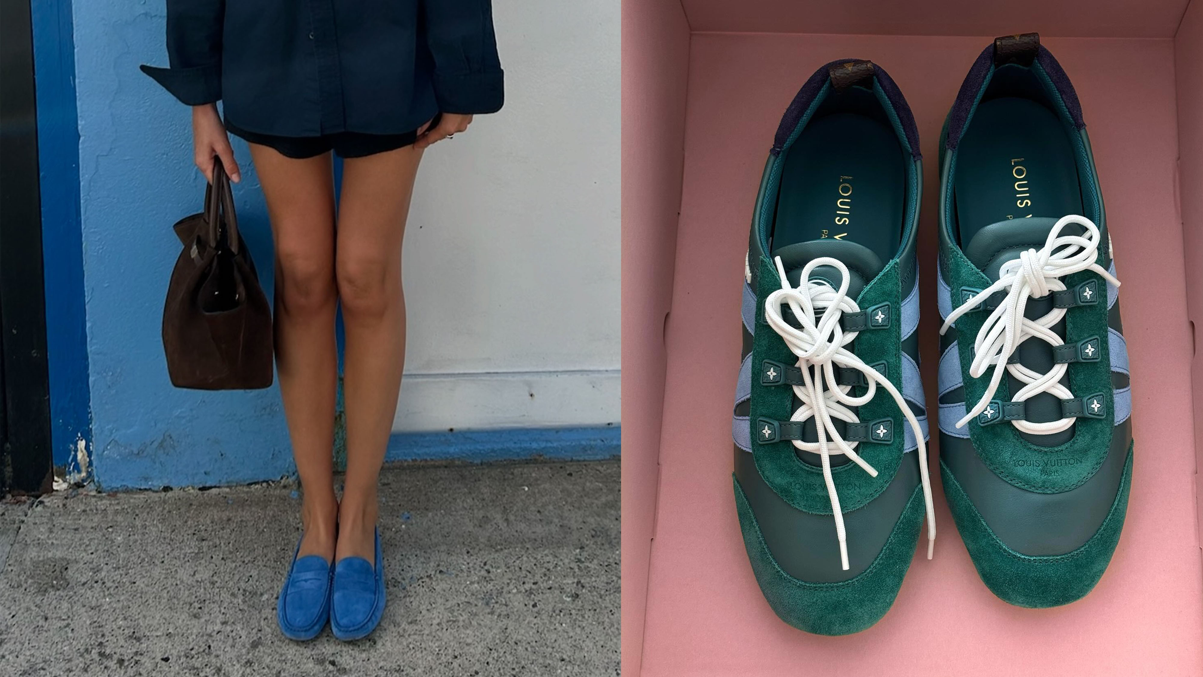 Collage of woman wearing blue suede loafers and green suede sneakers in a pink box.