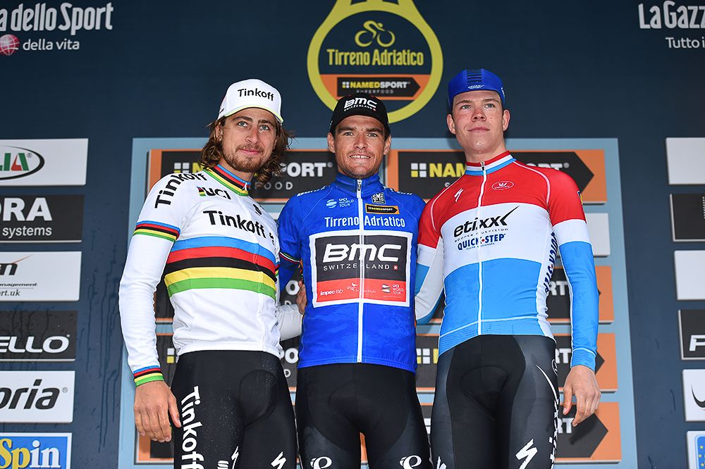 The final Tirreno-Adriatico podium: Sagan, Van Avermaet and Jungels