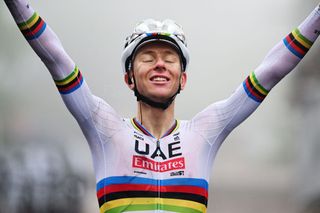 SAN LUCA ITALY OCTOBER 05 Tadej Pogacar of Slovenia and Team UAE Team Emirates celebrates at finish line as race winner during the 107th Giro dellEmilia 2024 a 2153km one day race from Vignola to Bologna San Luca 267m on October 05 2024 in San Luca Italy Photo by Dario BelingheriGetty Images