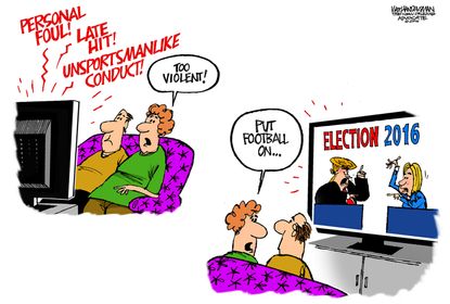 Political cartoon U.S. 2016 election voters violence