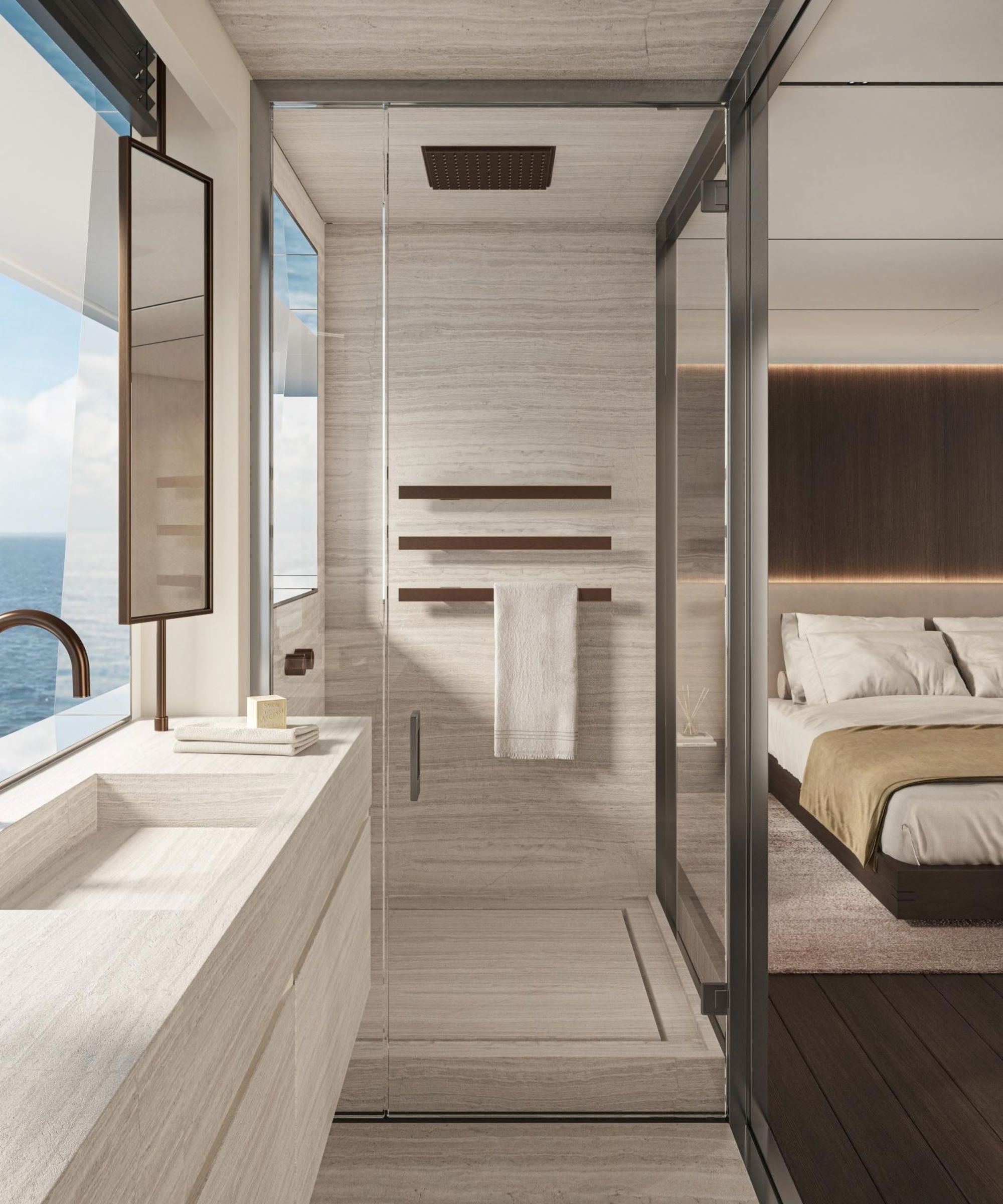 A luxurious en-suite bathroom and bedroom, likely aboard a superyacht, finished entirely in striated travertine stone. A frameless glass shower with a ceiling rain head and integrated heated towel rail opens to a bedroom with ocean views and warm ambient lighting.