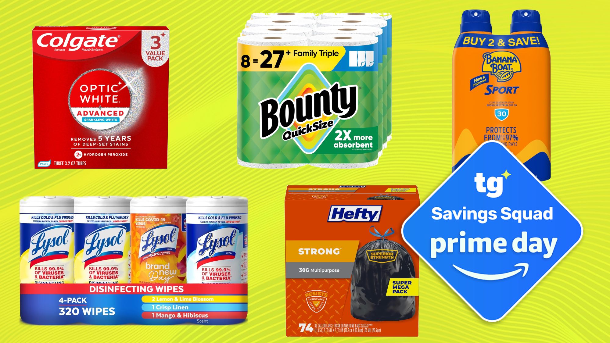 Colgate Optic White, Bounty paper towels, Banana Boat sunscreen, Lysol wipes, Hefty bags with Prime Day deals tag