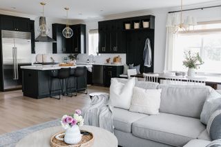 Black kitchen with open plan layout