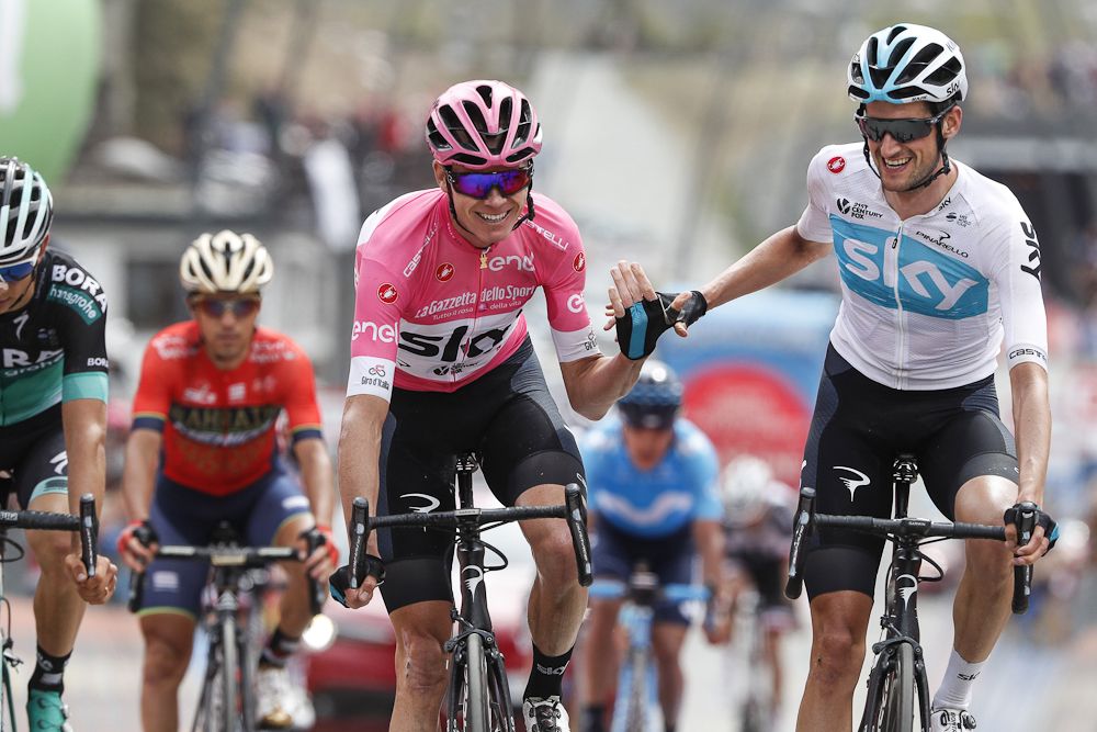 Chris Froome and Wout Poels share congratulations after stage 20 at the Giro d'Italia
