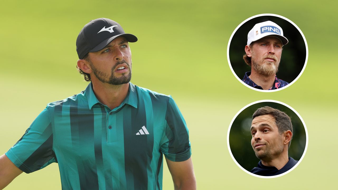 Main image of Marco Penge looking on at the Abu Dhabi HSBC Championship with inset images of Kristoffer Reitan (top right) and Adrien Saddier (bottom right)