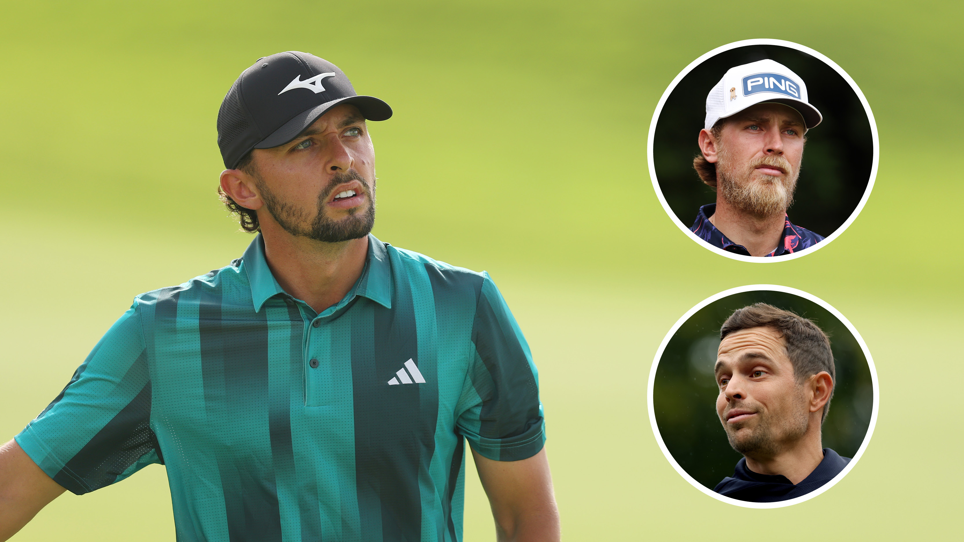 Main image of Marco Penge looking on at the Abu Dhabi HSBC Championship with inset images of Kristoffer Reitan (top right) and Adrien Saddier (bottom right)