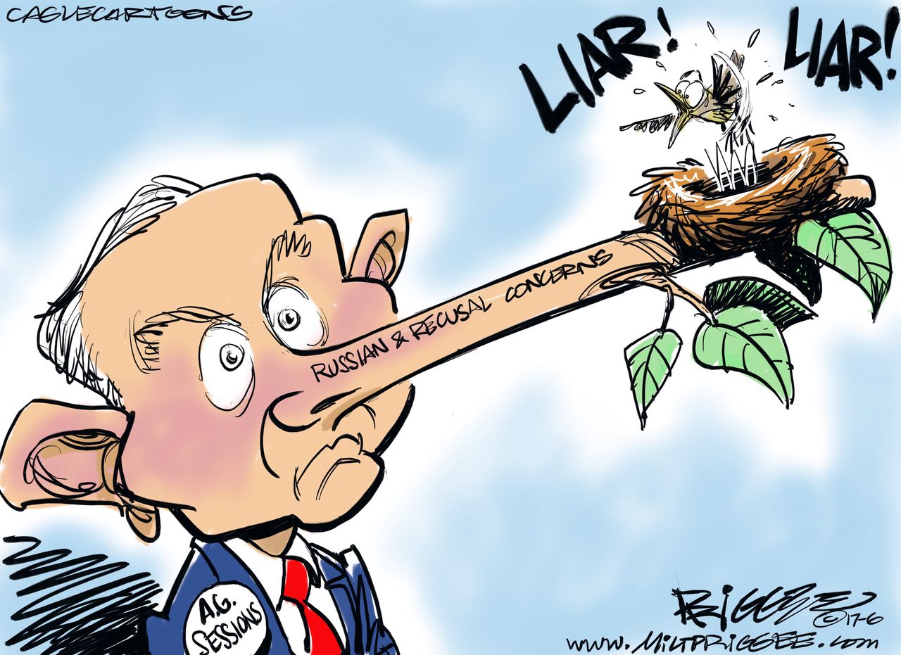 Political cartoon U.S. Jeff Session lies Russia recusal