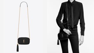 composite of flat lay and model wearing Saint Laurent Lou Mini Leather Camera Bag