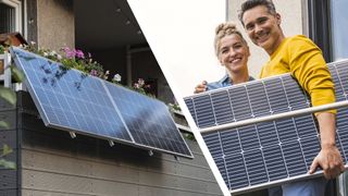 A balcony solar panel next to a man with a solar panel under his arm