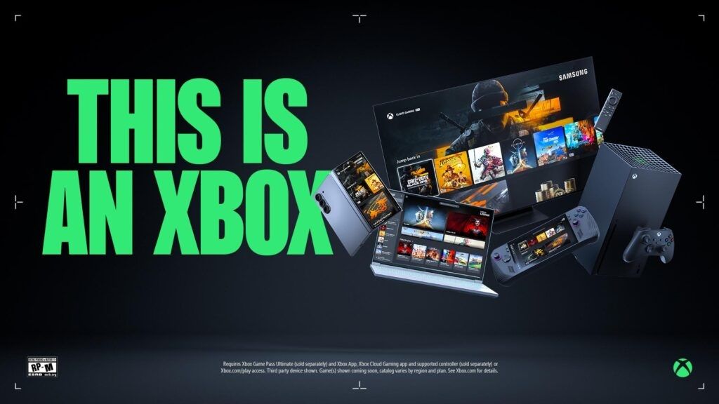 An ad showing the green text &quot;This is an Xbox&quot; next to an Xbox, laptop, and TV