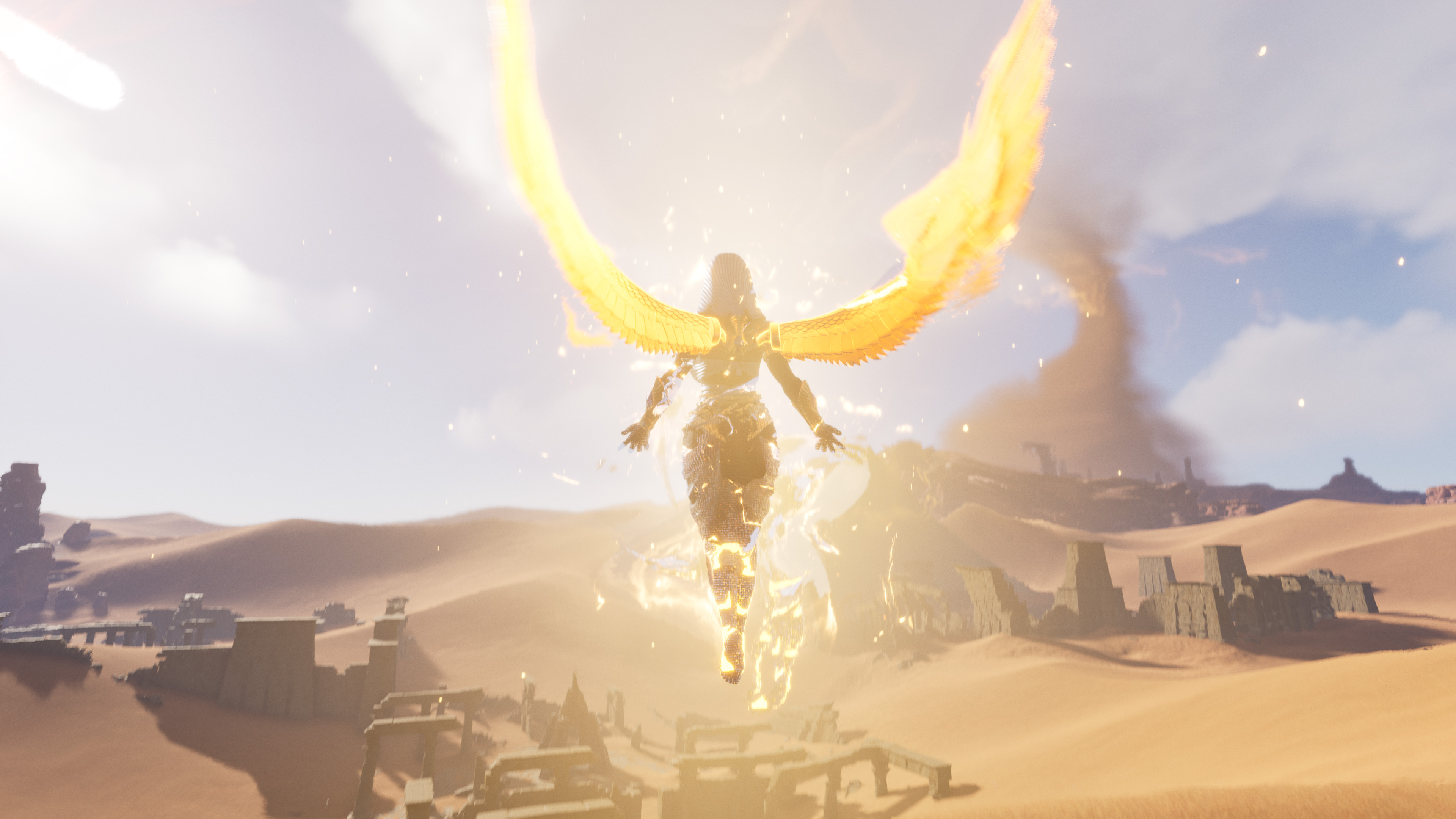 a figure with wings rises over a vast desert