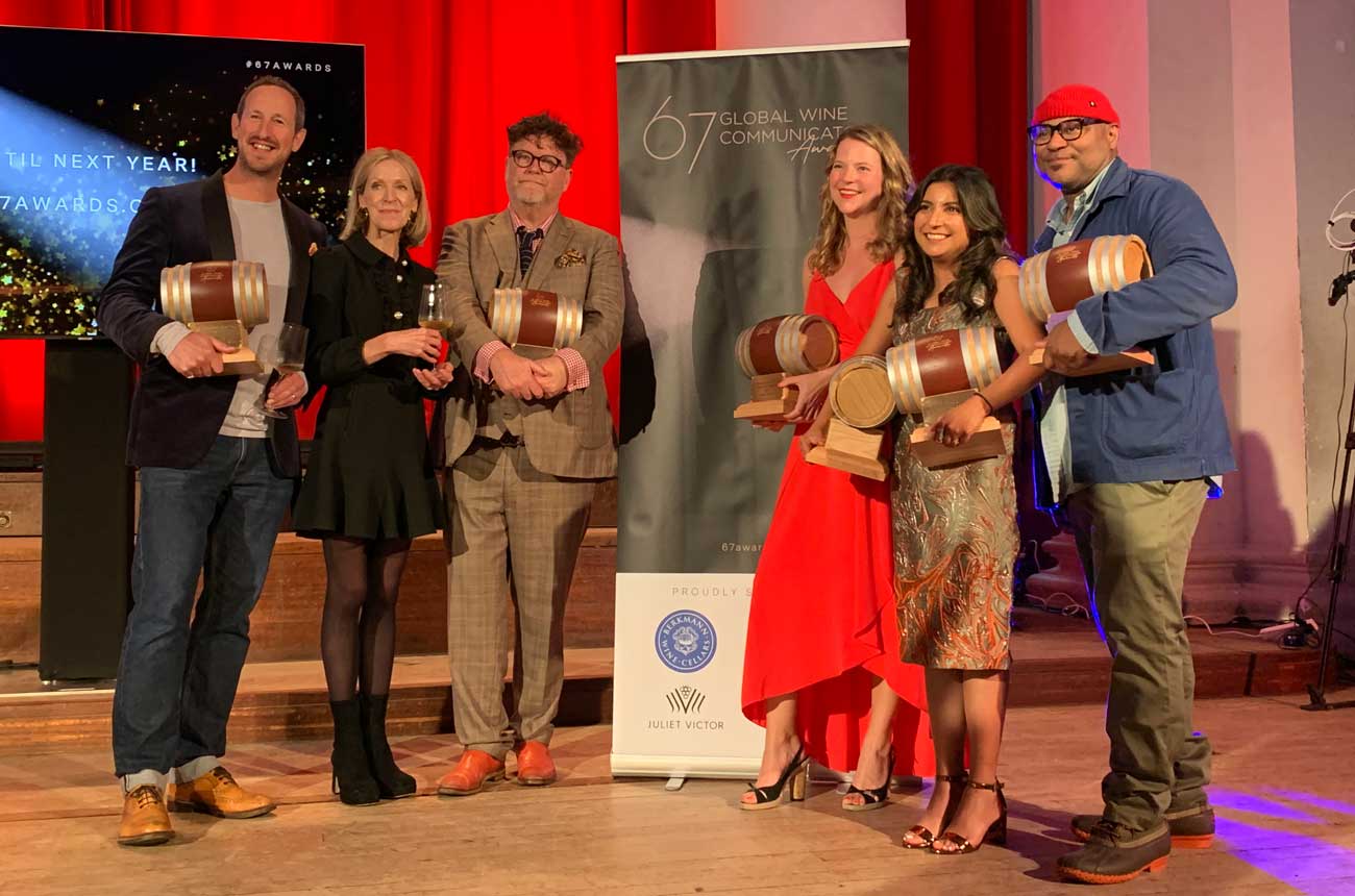 The winners of the 67 Pall Mall Global Wine Communicator Awards 2024. From left: Peter Richards MW, Susie Barrie MW, Nick Ryan, Amanda Barnes, Henna Bakshi and Andr&eacute; Hueston Mack