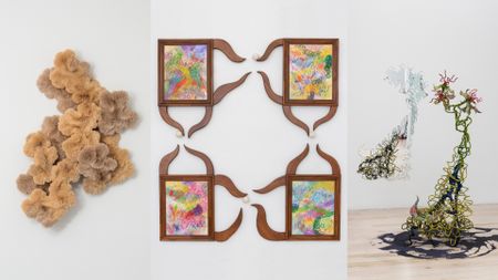 In a three part-split image, three three-dimensional design installation and, precisely, a fuzzy brown one, a wooden, pearl, and canvas wall piece, and a glass and textile plant-like standing sculpture, appear next to one another.