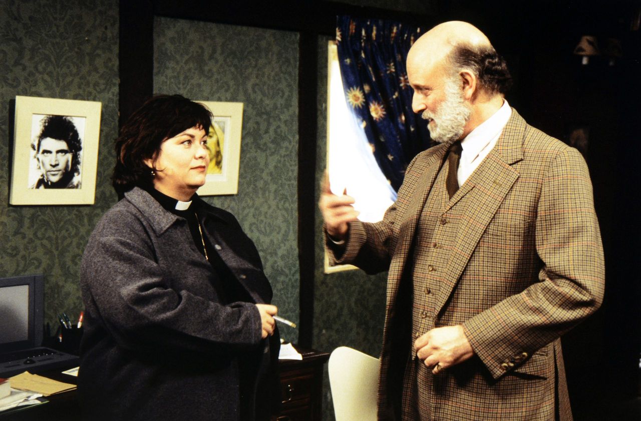 Dawn French and Gary Waldhorn on set during the filming of the Ballykissdibley sketch to be shown on Comic Relief’s Red Nose Day telethon held on March 14, 1997.