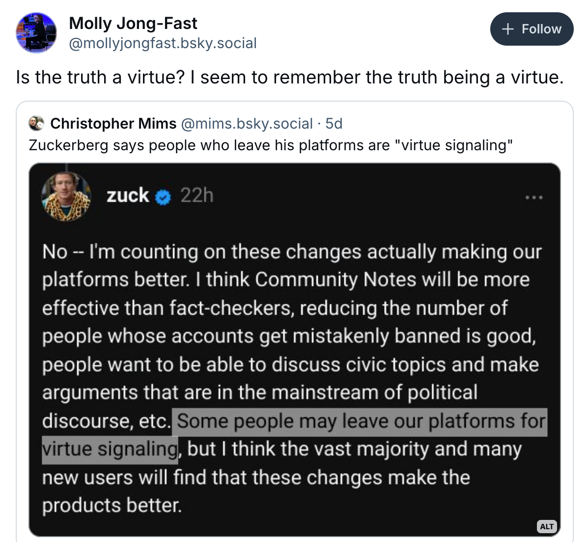 Screenshot of Molly Jong-Fast's Bluesky post, citing a screenshot of Mark Zuckerberg's post describing leaving his platforms as 