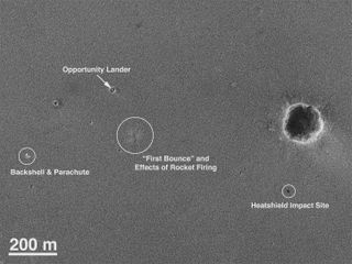 A Mars Global Surveyor Satellite image shows Opportunity's landing site, including the point of impact where it bounced before coming to rest.