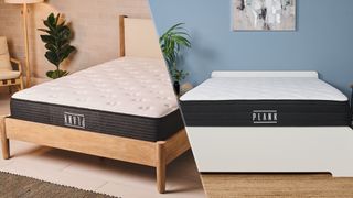 On the left, the Plank Firm Mattress on a bed frame in a bedroom, the Firm side facing upwards. On the right, a Plank Firm Luxe mattress on a bed frame, the Extra Firm side facing upwards.