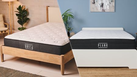 On the left, the Plank Firm Mattress on a bed frame in a bedroom, the Firm side facing upwards. On the right, a Plank Firm Luxe mattress on a bed frame, the Extra Firm side facing upwards.