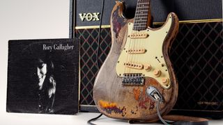 Rory Gallagher's 1961 Fender Stratocaster and Vox AC30 amplifier with a copy of his 1971 self-titled debut solo album
