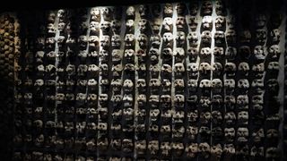 A different Aztec tzompantli altar of carved skulls that's on display at the Archaeological Museum in Mexico City.