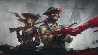 A crop of the Windrose key art showing two pirates in front of a montage of ships, posing with guns