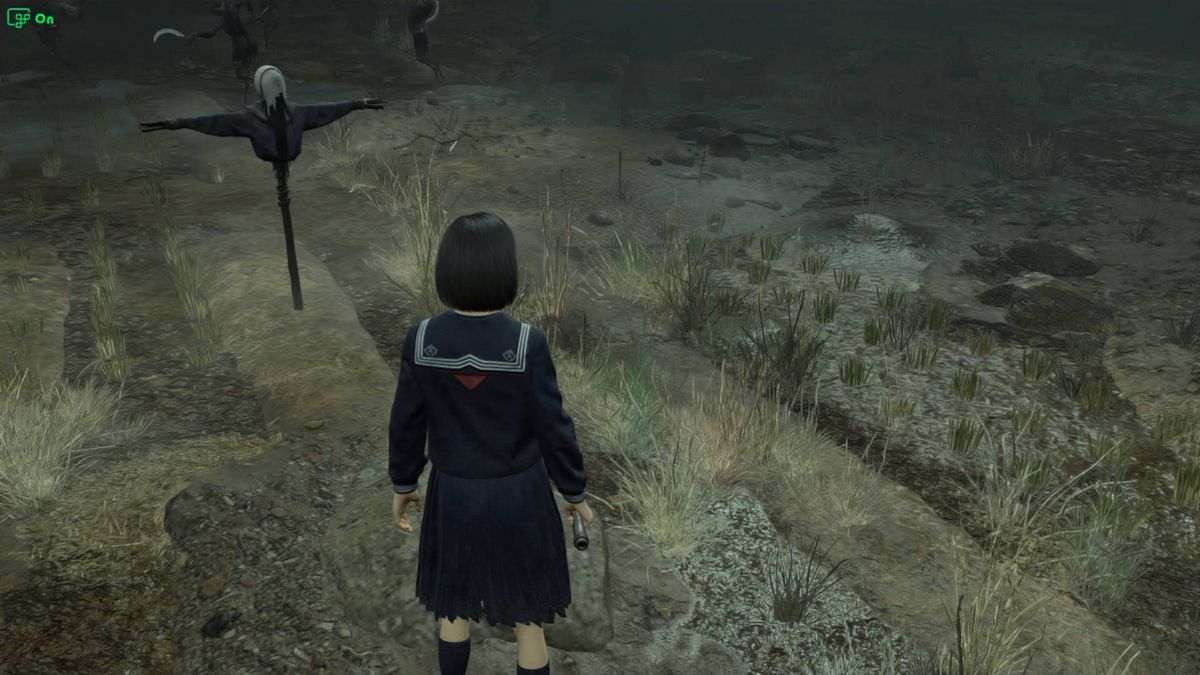 Screenshot of Silent Hill F gameplay in scarecrow field with Auto SR on.