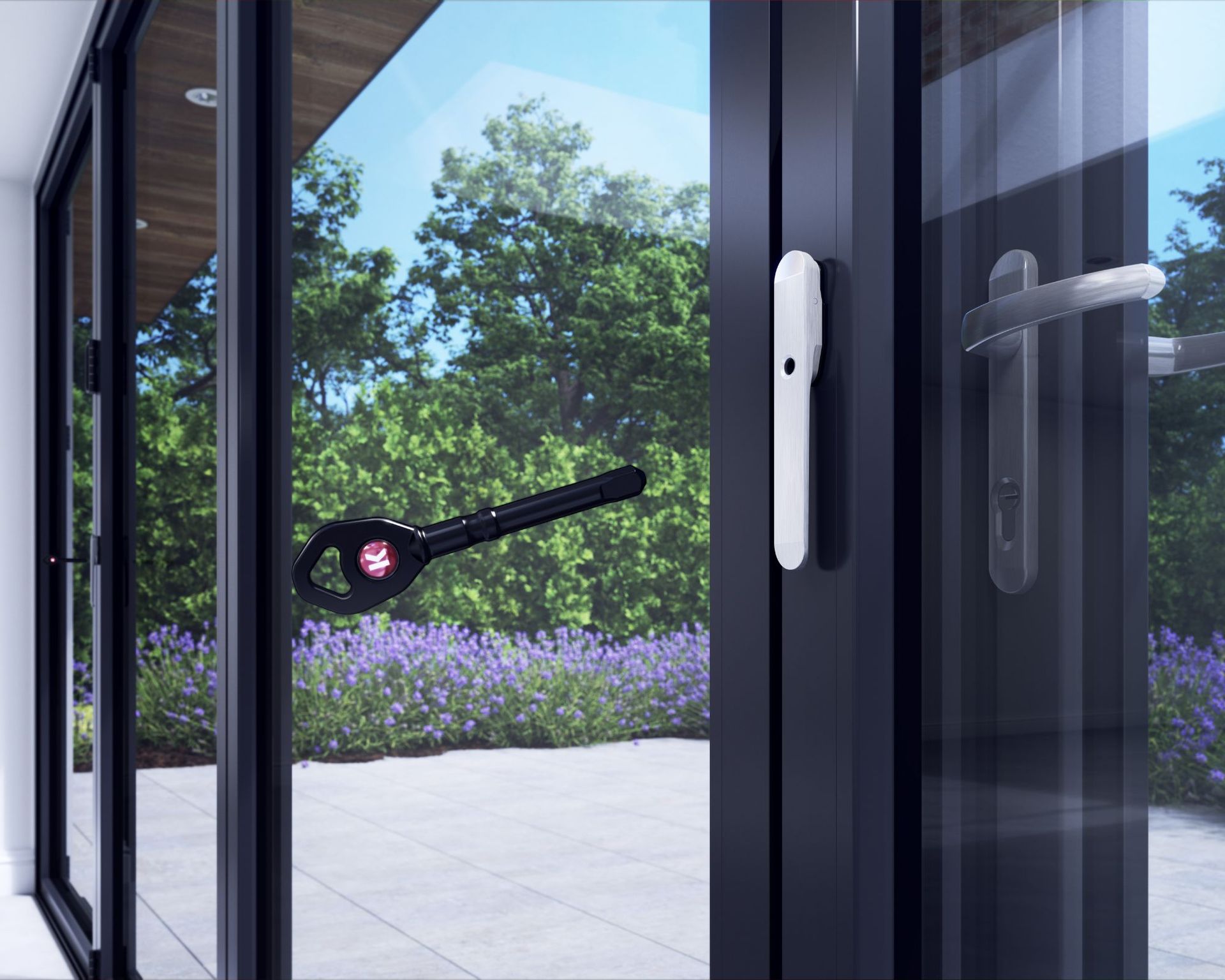 Pintu lipat Corniche dan gambar gaya hidup lentera atap apartemen putih denah terbuka dengan pemandangan