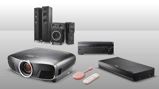 Sony TA-AN1000, Panasonic DP-UB820, Epson EH-TW9400, Wharfedale Diamond 12.3 HCP and Chromecast with Google TV arranged together on a grey background
