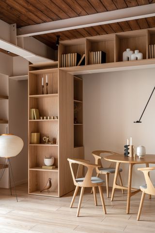 A dining under a storage roof