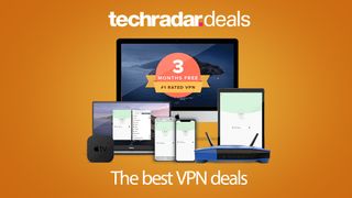 Logo saying 'TechRadar deals' above multiple devices running VPNs
