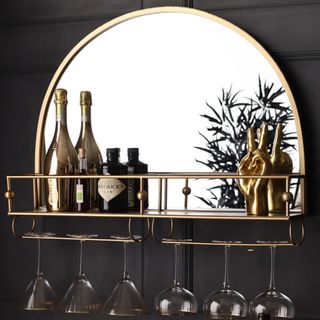 bar shelf with mirror and wine glass