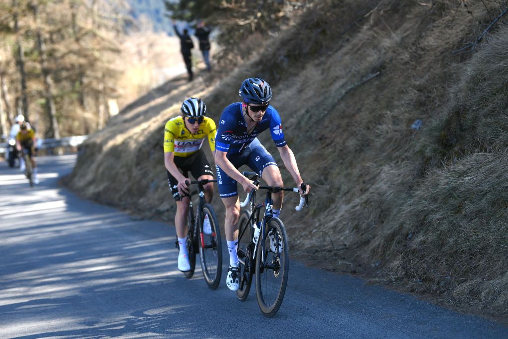 COL DE LA COUILLOLE FRANCE MARCH 11 LR Tadej Pogacar of Slovenia and UAE Team Emirates Yellow Leader Jersey and David Gaudu of France and Team Groupama FDJ attack during the 81st Paris Nice 2023 Stage 7 a 1429km stage from Nice to La Col de la Couillole 1676m UCIWT ParisNice on March 11 2023 in La Col de la Couillole France Photo by Alex BroadwayGetty Images