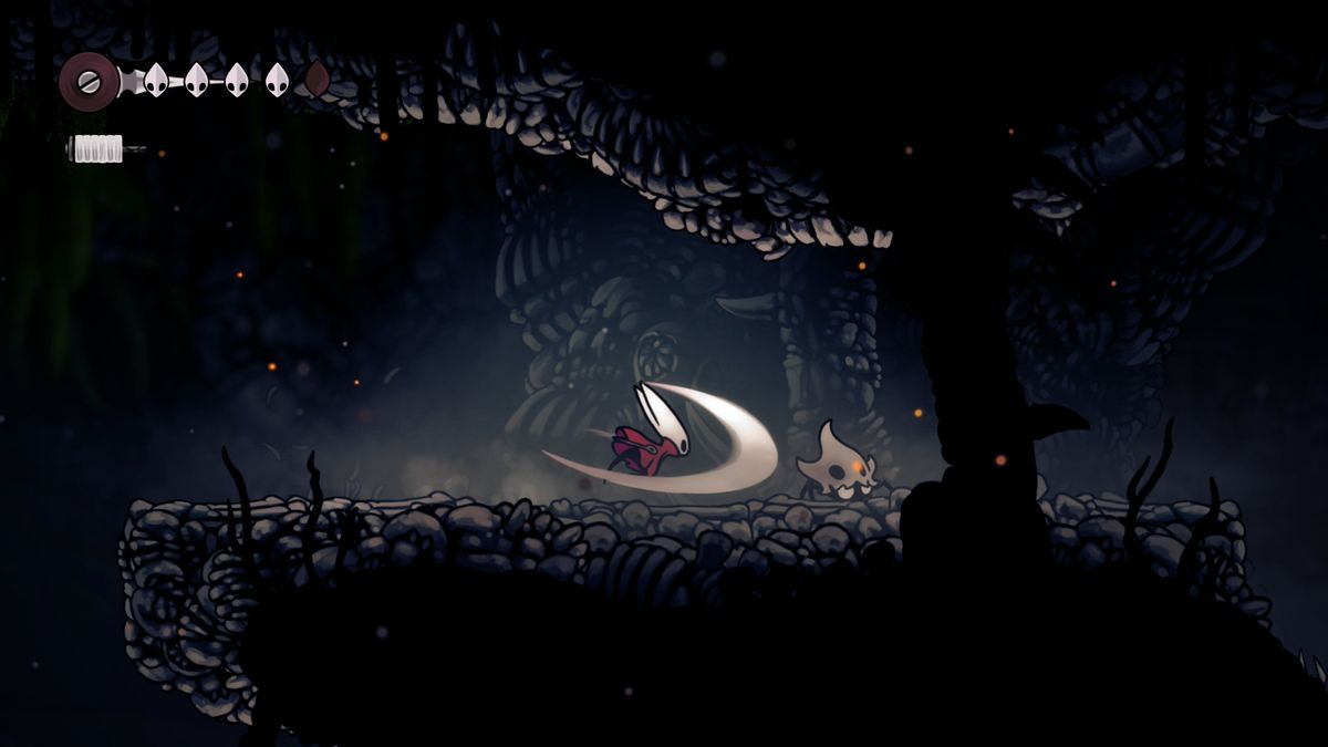 In Bone bottom in Hollow Knight: Silksong, Hornet strikes at a skull beetle