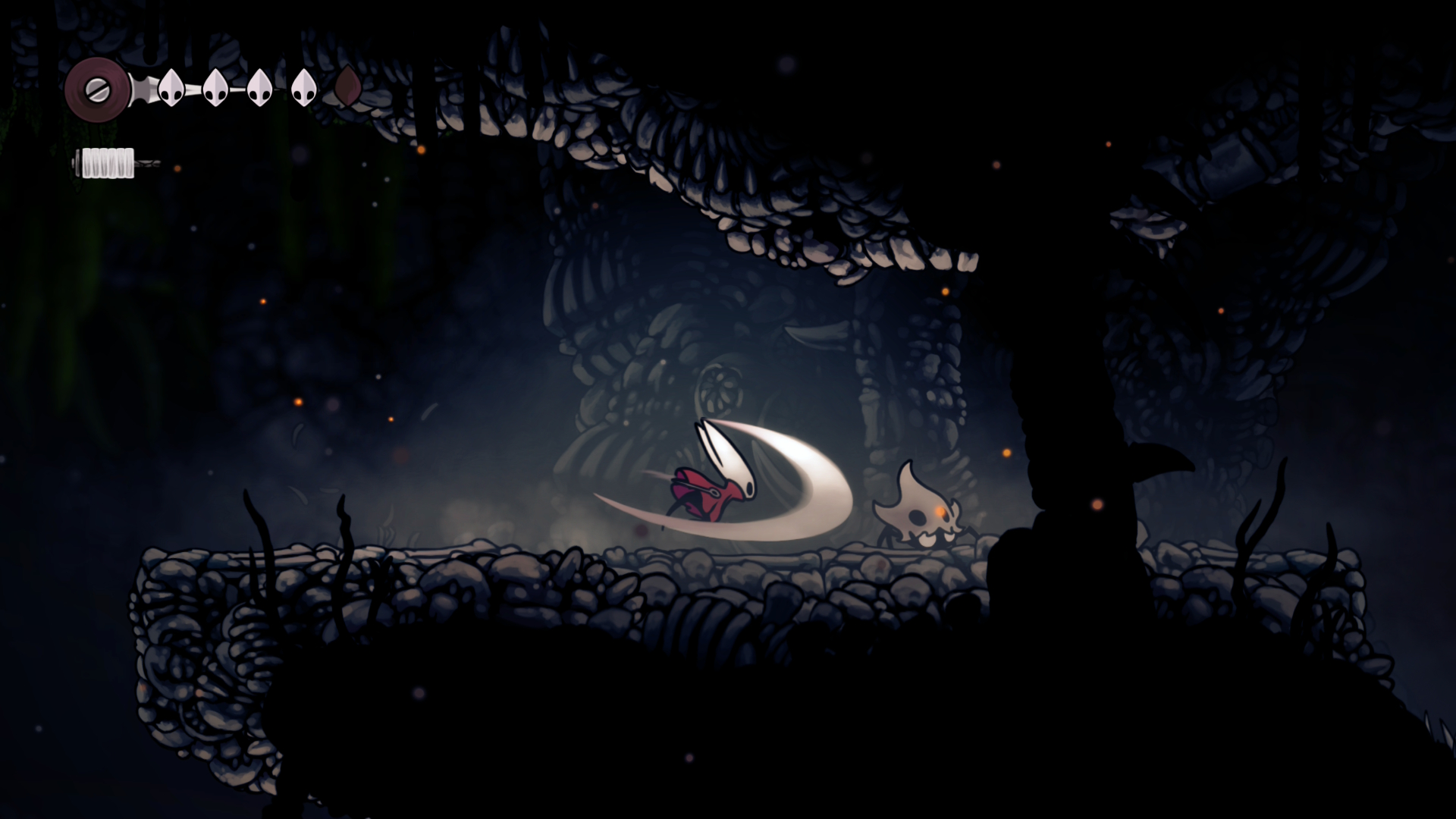 In Bone bottom in Hollow Knight: Silksong, Hornet strikes at a skull beetle