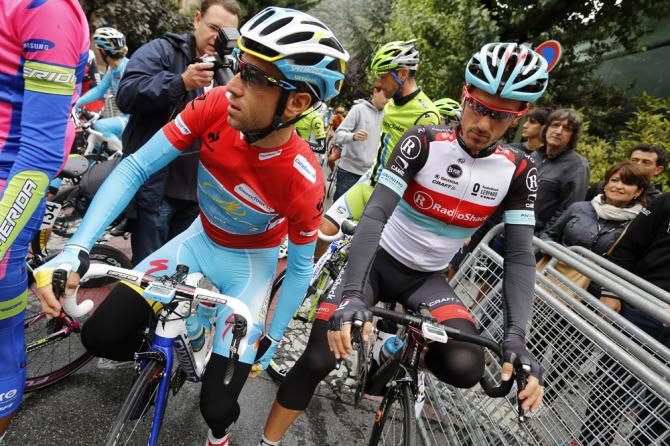 Vincenzo Nibali (Astana) and Fabian Cancellara (RadioShack Leopard) await the start of Vuelta stage 15