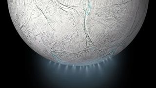 This artistic rendering shows ice plumes being ejected from Enceladus at major speeds.