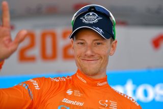Deceuninck-QuickStep’s Sam Bennett is all smiles after taking the ochre leader’s jersey as the winner of stage 1 of the 2020 Tour Down Under in Tanunda