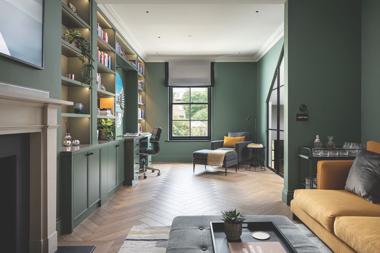 green home office and sitting room in renovated terraced house