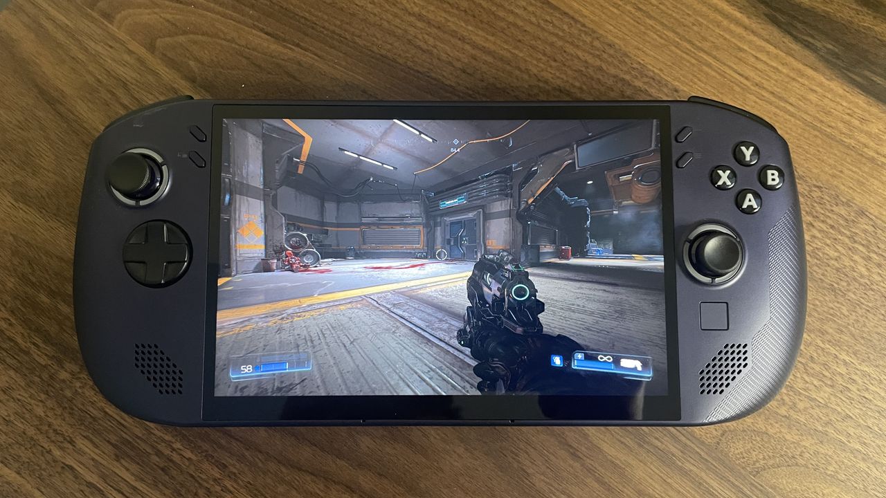 A Lenovo Legion Go S handheld with SteamOS in Nebula Nocturne colour scheme