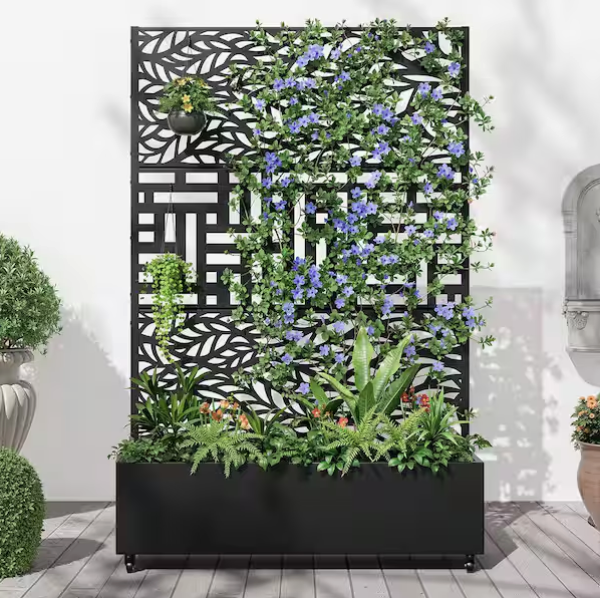homedepot black metal planter box on wheels with trellis